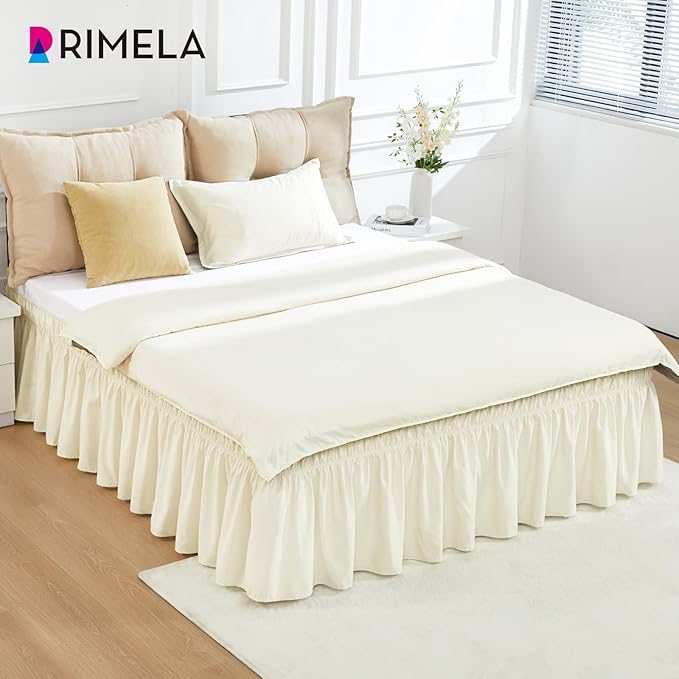 RIMELA Ivory Bed Skirt King Size 15 Inch Drop, Elastic Bed Skirting for Bed Base and Frame, Bedding Dust Ruffle Easy to Install, Lightweight Wrap Around Adjustable Bedskirt