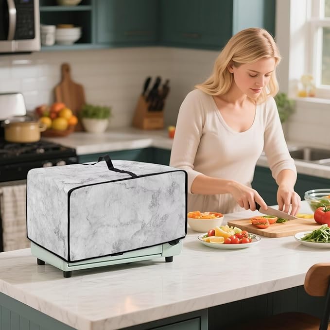 White Marble Texture Print Microwave Oven Dust Cover Polyester-Linen Fabric Dust Cover for Microwave Oven Universal Dust-Proof Kitchen Appliance Protector Fits Most Microwaves, M