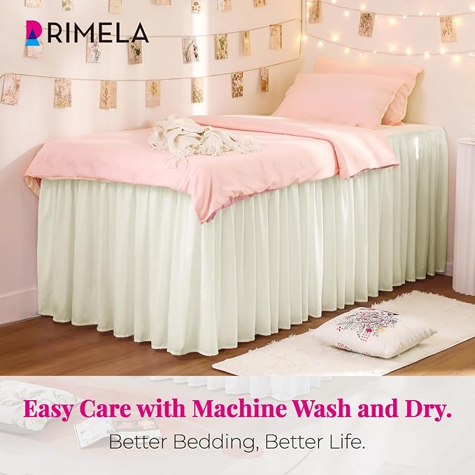 RIMELA Dorm Bed Skirt Twin XL 42 Inch Drop, Easy to Install Extra Long Wrap Around Elastic Dust Ruffle, Cream Bedskirt Silky Fabric Machine Washable (Twin XL 80“L x 39”W & Twin 75“L x 39”W)