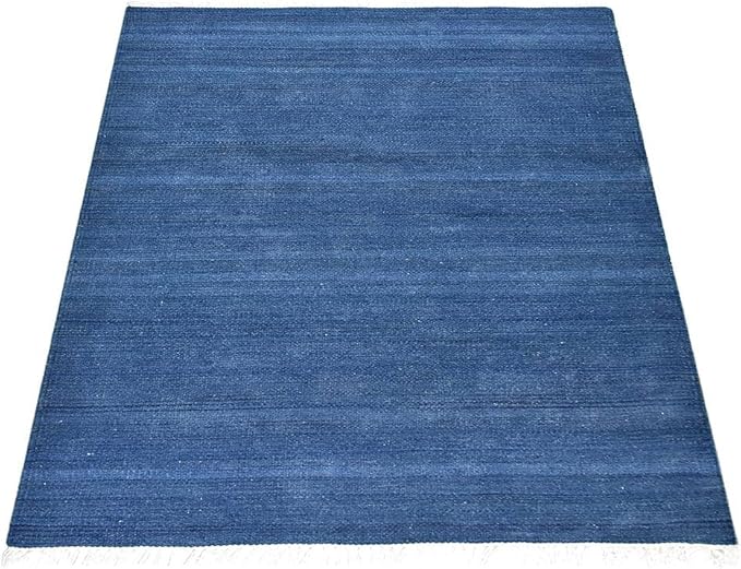 Rugsotic Carpets Hand Woven Flat Weave Kilim Wool ECO-Friendly Area Rugs - 8'x10', Rectangle Shape, Blue Color, Solid Plain Design, Low Pile Handmade Area Rugs for Living Room, Bed Room (D00111)