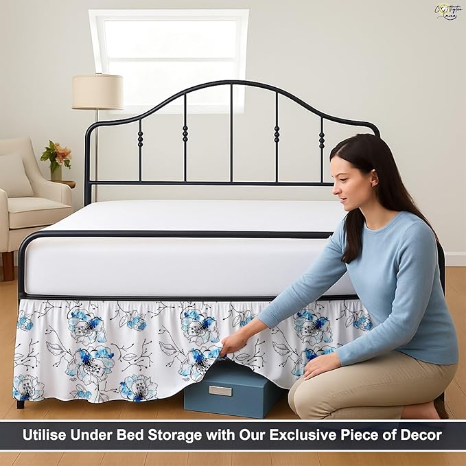 Cottington Lane Ruffled Bed Skirt Queen Size with Split Corner, Brushed Microfiber Hotel Quality Dust Ruffle, 14 Inch Drop Gathered Bedskirt, Soft, Stylish, Shrink & Fade Resistant, Blue Blossom