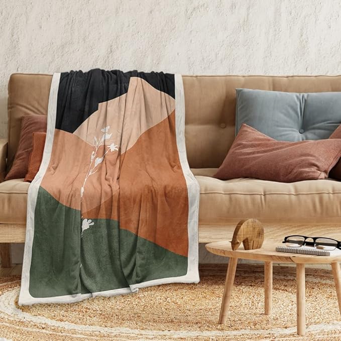 Boho Orange Mid Century Blankets Abstract Modern Throw Blanket Minimalist Sun Aesthetic Soft Warm Bed Bedding Women Blankets for Couch Bedroom Sofa Office Cozy Flannel Blankets 60"X80"