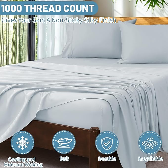 Extra Deep Pocket California King Sheets 18-24 Inch 100% Egyptian Cotton 1000 Thread Count Sateen Weave Soft Breathable 4 Pieces（California King,Light Blue）