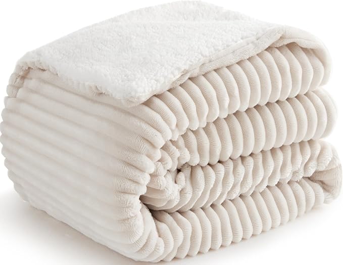 Sherpa Throw Blanket for Couch - Super Soft & Thick, White Throw Blanket, Warm Blankets for Winter, Fluffy Blanket for Sofa Bed, Striped Fleece, Cream, 50x60 Inches