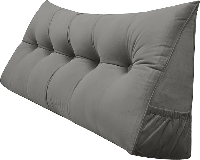 Triangular Reading Bed Rest Pillow Large Bolster Cushion Headboard Backrest Wedge Pillow with Removable Cover and Two Large Side Pockets (Grey, Queen: 59 x 8 x 20 inches)