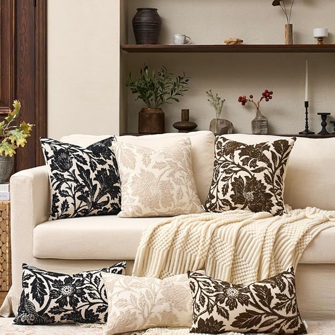 Yangest Chenille Floral Pillow Cover 12 x 20 Inches, Neutral Jacquard Rectangle Throw Pillow Cover Soft Decorative Nature Accent Couch Pillow Cover for Living Room Bedroom, Black