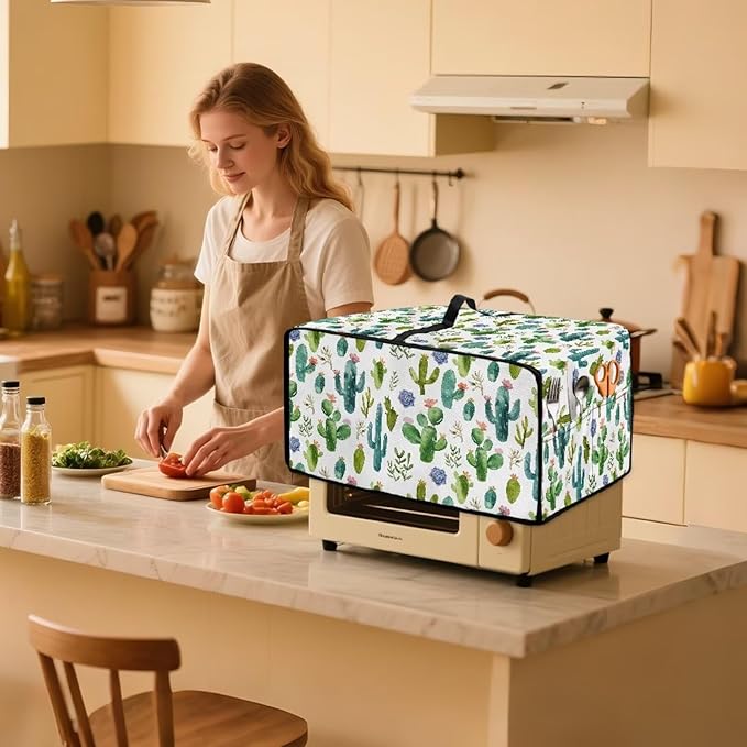 Watercolor Cactus Floral Print Toaster Oven Cover Waterproof Polyester-Linen Fabric Microwave Oven Dust Cover Foldable Kitchen Appliance Protector Dirt and Fingerprint Protection, M