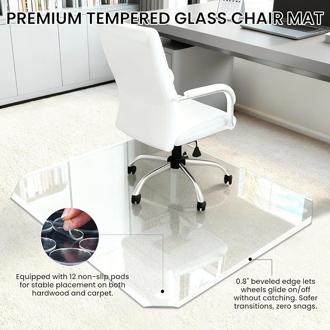 Tempered Glass Chair Mat with Patented Beveled Edge, 36”x46” 1/5" Thick Office Floor Mat for Carpet & Hardwood, w/ 12 Anti-Slip Pads