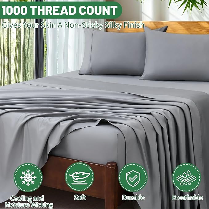 Extra Deep Pocket Queen Sheets 18-24 Inch 100% Egyptian Cotton 1000 Thread Count Sateen Weave Soft Breathable 4 Pieces（Queen,Grey）