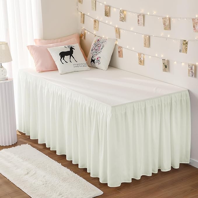 RIMELA Dorm Bed Skirt Twin XL 32 Inch Drop, Easy to Install Extra Long Wrap Around Elastic Dust Ruffle, Cream Bedskirt Solid Silky Fabric Machine Washable (Twin XL 80“L x 39”W & Twin 75“L x 39”W)