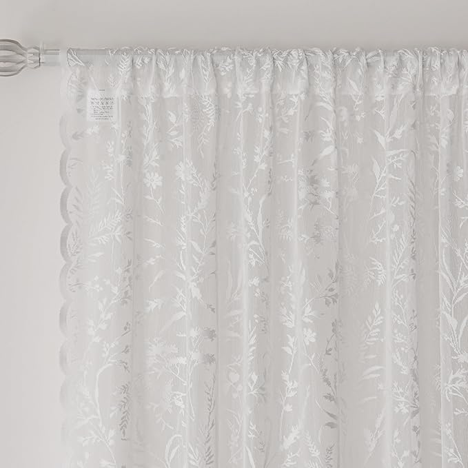Anmao Vintage Lace Curtains 96 Inches Long 2 Panels Set, Romantic Elegant Light Filtering Semi Sheer Floral Thick Lacy Curtain Drapes for Living Room and Bedroom, Each Panel 55W x 96L, White Leaves
