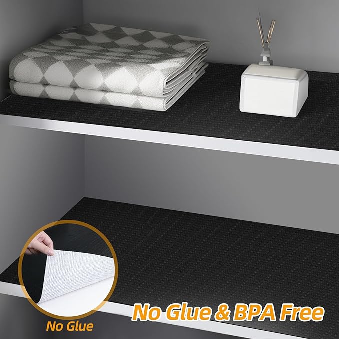 Shelf and Drawer Liner for Kitchen Cabinets Non-Adhesive, Strong Grip Non-Slip Thickened Cabinet Liners for Shelves, Waterproof Mats for Dresser Cupboard, Black, 17 in x 30 Feet