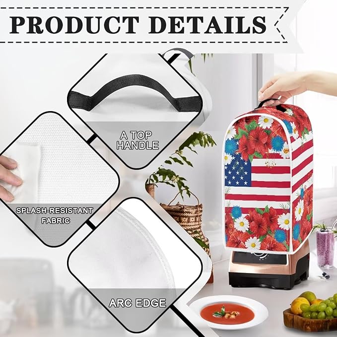 4th of July Blender Covers for Kitchen Food Processor Cover with Handle, Dust Covers for Kitchen Appliances Stand Mixer or Coffee Maker Appliance Cover, USA Flag Daisy