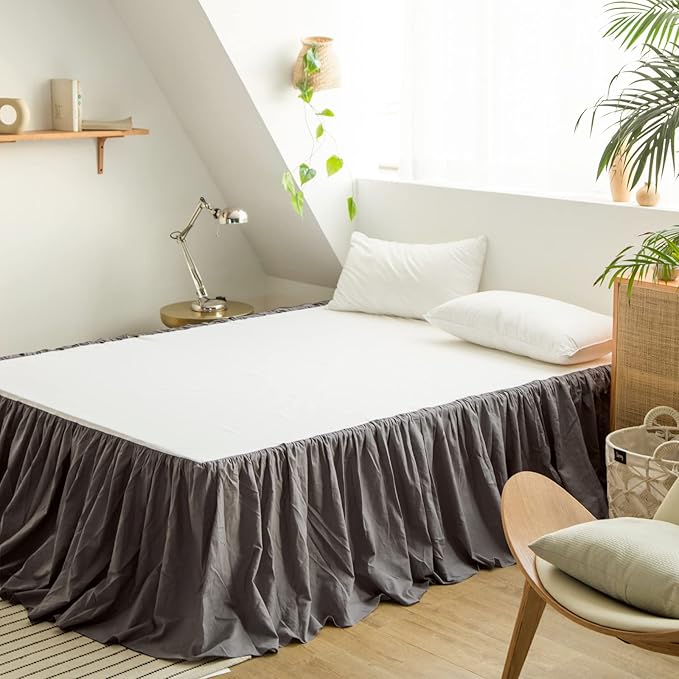 BISELINA French Linen Bed Skirt with Pleated Frills 14-Inch Tailored Drop Natural Flax Cotton Blend Dust Ruffle Soft Cozy Farmhouse Bedding (14" King, Ruffle Dark Grey)