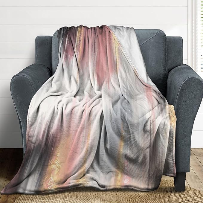 Fashion Gradient Blanket, Modern Art Baroque Gold Grey Pink Painting Strokes Pattern Soft Warm Cozy Plush Flannel Covers for Livingroom Bedroom Couch Chair Camping Travel Home Decor Tapestry 60x80in