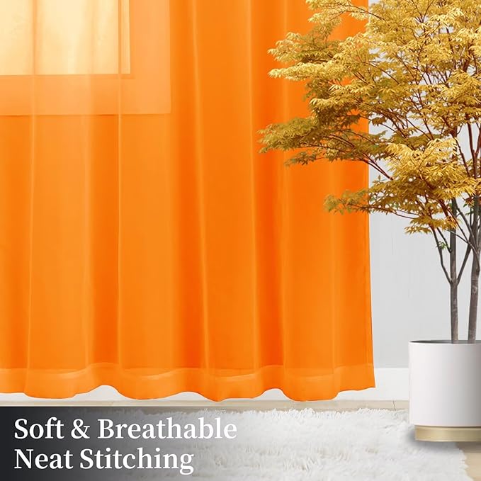 Sheer Curtains 45 Inches Long 2 Panels, Rod Pocket Short Curtain for Kitchen, Bedroom, Cafe Window(Orange 38" W x 45" L)