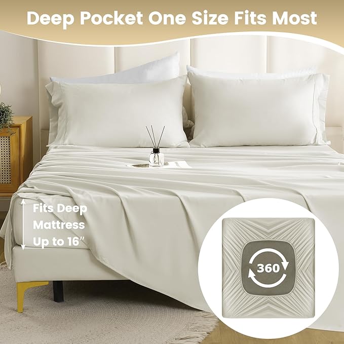 Silky Soft King Sheet Set - Luxury 4 Piece Breathable Cooling Sheets for King Size Bed, 16" Deep Pocket Easy Care Wrinkle Free Bedding Sheet and Pillowcase Set, Ivory