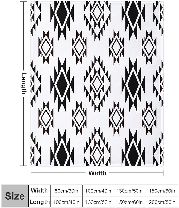 Boho Throw Blanket, Black and White Native Blankets, Vintage Tribal Aztec Printed Flannel Blanket for Chair Bed Sofa Couch 40"x50"