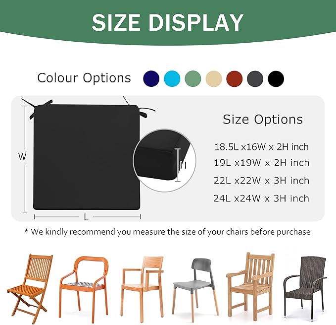 Outdoor Chair Cushions Set of 4: Waterproof & Fade Resistant Deep Seat Cushion for Patio Furniture - 24 x 24 x 3 Inch Chair Pads with Ties and Hidden Zipper - Patio Chair Cushion Replacement, Black
