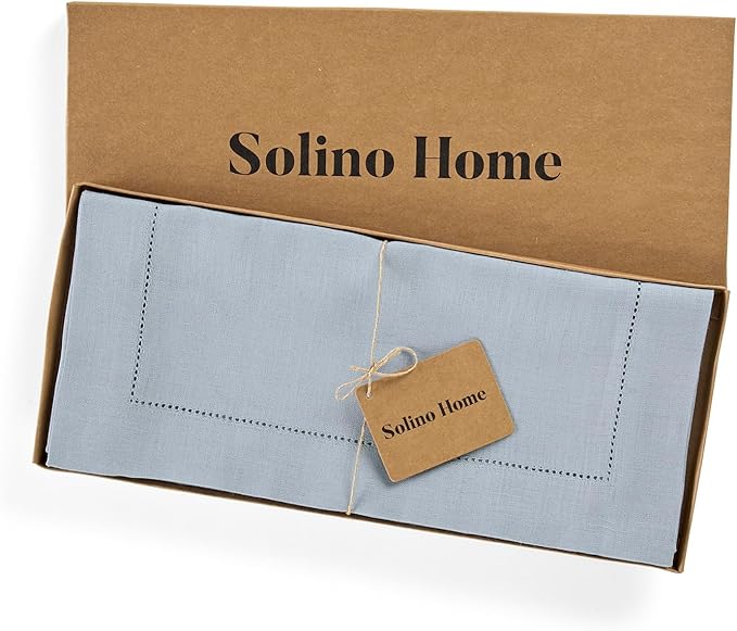Solino Home Linen Dusty Blue Table Runner 72 Inches Long - 100% Pure Linen Hemstitch Table Runner 14 x 72 Inch for Dresser, Dining - Classic Hemstitch