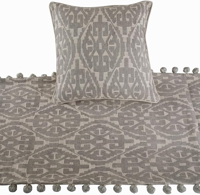 The HomeCentric Grey Bed Runner, Queen Size 74"x18" Decorative Bed Runner with Matching Pillow Cover, Grey Cotton Bed Scarf in Aztec Pattern with Tassels - Grey Aztec