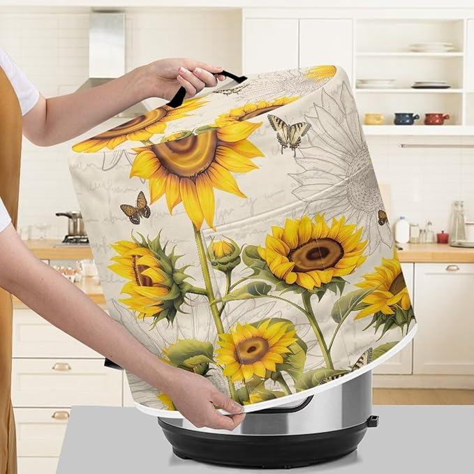Air Fryer Cover, 3 Quart Appliance Covers for Kitchen Counter Pressure Cooker Air Fryer Rice Cooker Dust Cover with Storage Pockets, Sunflower Beige