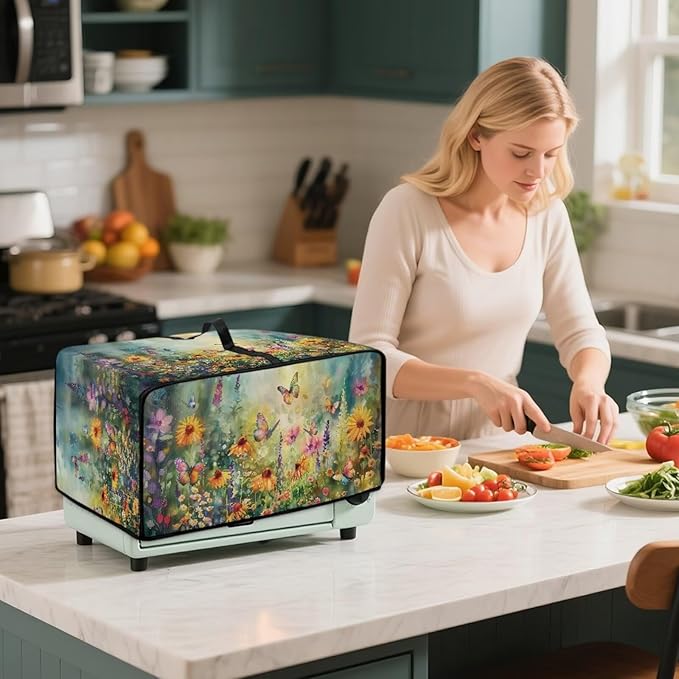 Microwave Oven Dust Cover with Storage Bags Waterproof Microwave Oven Grill Cover Protector Universal Reusable Decor Accessories for Kitchen, Vintage Daisy Sunflower Floral Butterfly Print, M