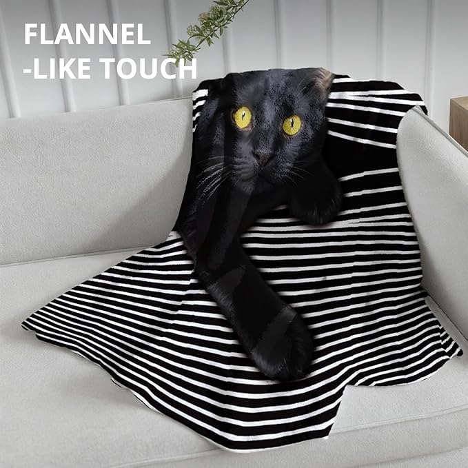 Funny Black Cat Blanket, Funny Cats Black and White Striped Throw Blankets for Home Bedroom Living Room Couch Bed Decor, Black Cat Mom Lovers Gifts for Women, 50x60 Inch