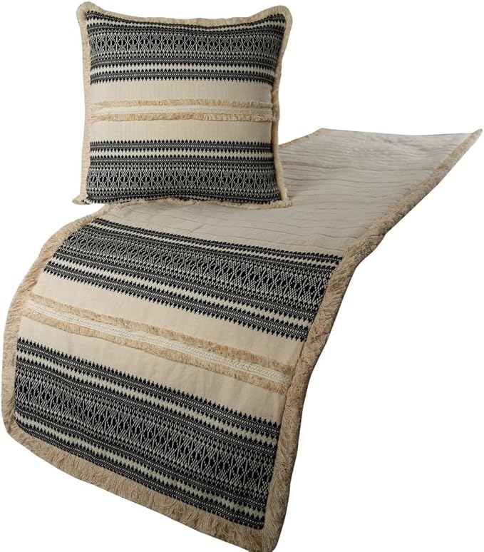 The HomeCentric Beige Bed Runner, Full Size 68"x18" Decorative Bed Runner with 2 Matching Pillow Cover, Beige & Black Linen Bed Scarf in Quilted, Natural Linen with Lace - Moroccan Vibe