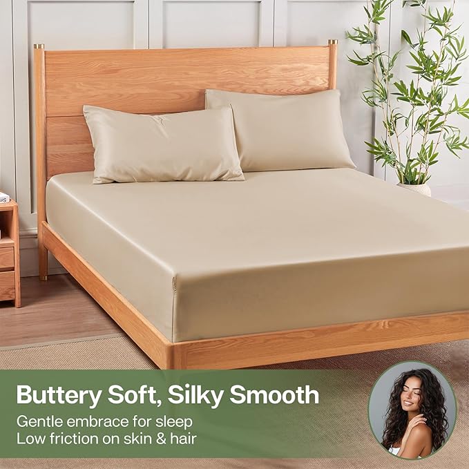 MR&HM Queen Fitted Sheet Only, Ultra-Soft Rayon Derived from Bamboo & Polyester Blend, Silky & Breathable, 15" Deep Pocket with Elastic Straps, Cooling Fitted Sheet for Hot Sleepers, Beige