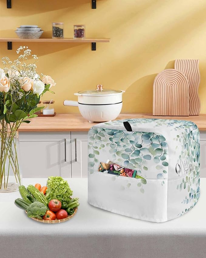 Eucalyptus Leaves Stand Mixer Dust Cover with Storage Pocket & Handles, Fits All Tilt Head & Bowl Lift Spring Botanical Vines Kitchen Appliance Cover Organizer Watercolor Bag Accessories, 6-8 Quart