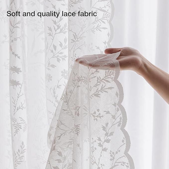 Anmao Vintage Lace Curtains 80 Inches Long 2 Panels Set, Romantic Elegant Light Filtering Semi Sheer Floral Thick Lacy Curtain Drapes for Living Room and Bedroom, Each Panel 55W x 80L, White Leaves