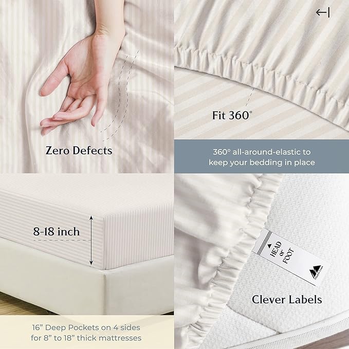 Mayfair Linen 100% Cotton Striped Sheets King Size Bed Set - 500 Thread Count Damask Sheets King Size 4 PC Set (Beige Stripe), Soft, Cooling, Sateen Weave Hotel-Quality 16" Deep Pocket Bedsheet