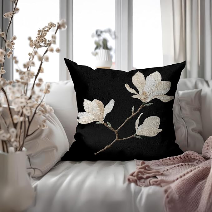 Vintage Floral Throw Pillow Covers, Vintage Flower Pattern Double Sided Cushion Cover, Indoor and Outdoor Home Art Decor Pillowcase for Sofa or Bedroom Decor 18x18inches (Black&White, 18x18inches)