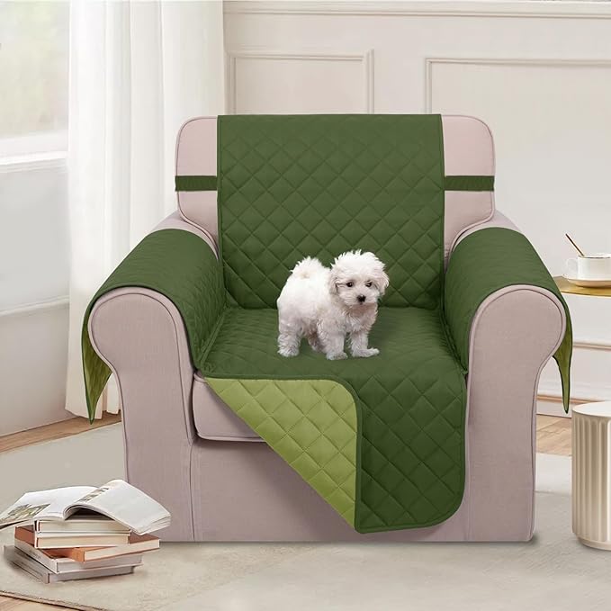U-NICE HOME Recliner Chair Covers Reversible Chair Cover Pet Covers for Dogs with Elastic Straps Water Resistant Diamond Quilted (23''Recliner Small, Huntergreen/Sage)