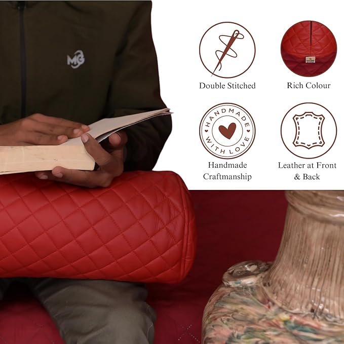 Neck Roll Pillow Cushion Cover, 18x6 Inch Full Moon Round Bolster Pillow Case, Cylinder Soft Lambskin Leather Pillowcase for Head, Spine & Neck Support During Sleep - Quilted Cherry Red Pack of 2