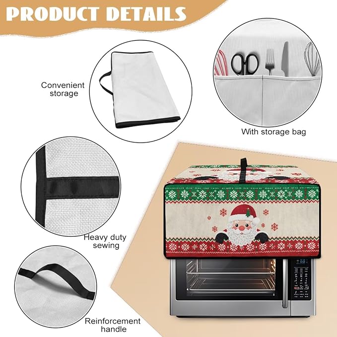 Christmas Countertop Convection Oven Cover Decorative Air Fryer Toaster Oven Dust Cover for Winter Holiday Home Kitchen Indoor Decor, L, Santa Claus Snowflake Red Green Beige