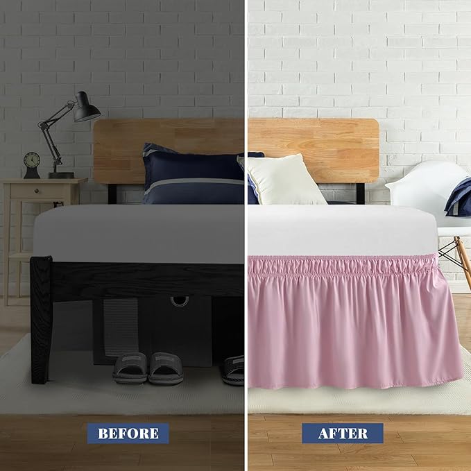 Full Bed Skirt, Elastic Wrap Around Bed Skirt Full Size, Bed Skirts for Adjustable Bed, Easy Fit with 14" Drop Length Tailored Drop Dust Ruffle (Pink)