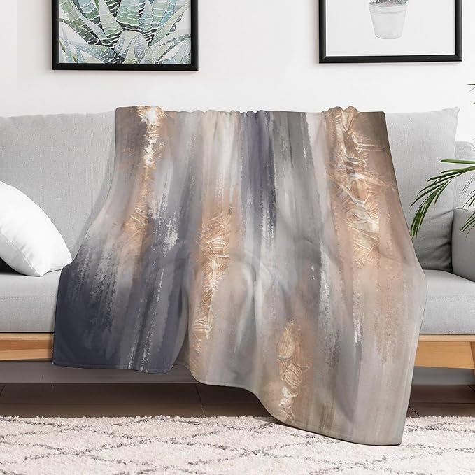 Abstract Gradient Blanket, Modern Fashion Baroque Gold Grey Painting Strokes Pattern Soft Warm Cozy Plush Flannel Covers for Livingroom Bedroom Couch Chair Camping Travel Home Decor Tapestry 60x80in