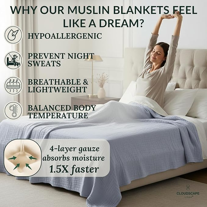 Cloud Scape Linen Oversized 4 Layer Muslin Blanket Queen Size - 100% Cotton, Lightweight & Breathable All Season Gauze, Pre-Washed, fits Full Bed, 92x92, Lavender Blue