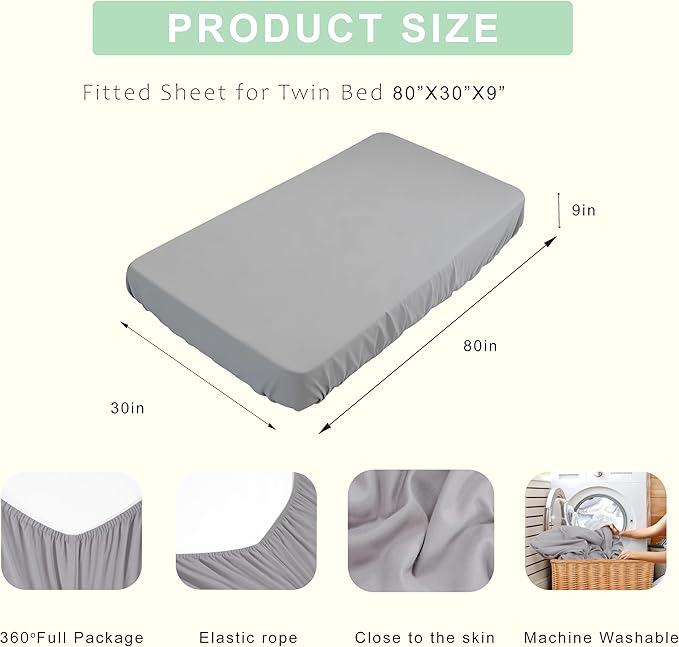 Fitted Sheets 30x80 Inches, 1 Pack Super Soft Microfiber Cot Size Sheet Set for Narrow Twin, Camp Bunk, RV Bed, Army Cot & Trifold Mattress, Breathable Bottom Bed Cover, Light Grey