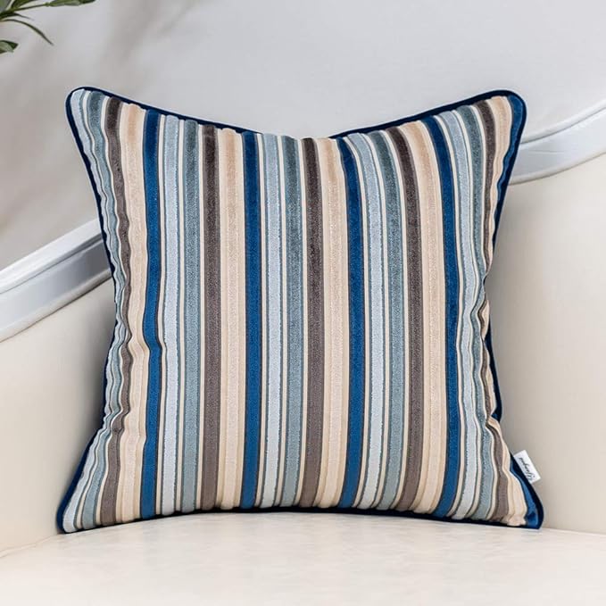 Yangest Blue Striped Throw Pillow Cover Multicolor Velvet Cushion Cover Modern Bohemian Pillowcase for Sofa Couch Bedroom Living Room Home Christmas Decoration,20x20 Inch
