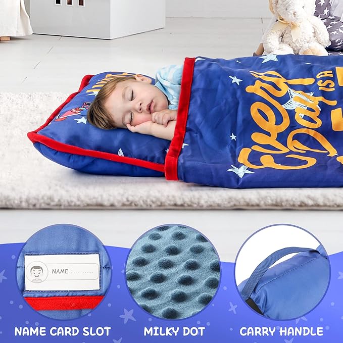 TANOSHII® Toddler Nap Mat with Pillow and Blanket, Portable Kids Sleeping Mats for Daycare, Preschool, 21" x 53", Lightweight and Soft Sleeping Bags for Kids
