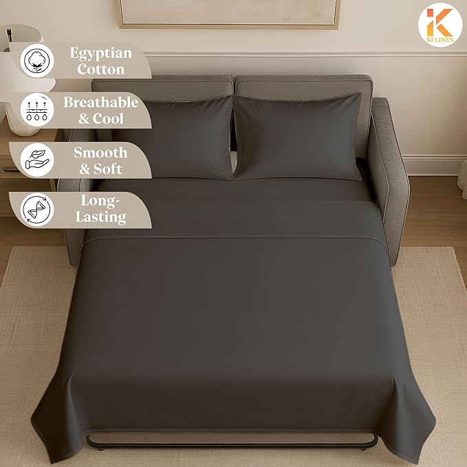 Sleeper Sofa Bed Sheet Set - Full Size 4 PC's Sheet Set Sofa Bed Sheets - 100% Cotton 400 Thread Count Sofa Sheets - Sleeper Sofa Sheets - Fits Mattresses Up to 6" Drop - Dark Grey