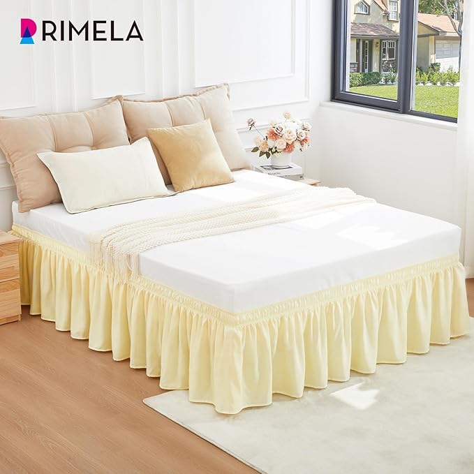 RIMELA Bed Skirt Queen Size 12 Inch Drop, Wrap Around Elastic Bedskirt Solid Microfiber Luxury Hotel Quality Fabric, Easy to Install Machine Washable Wrinkle & Fade Resistant, Light Yellow