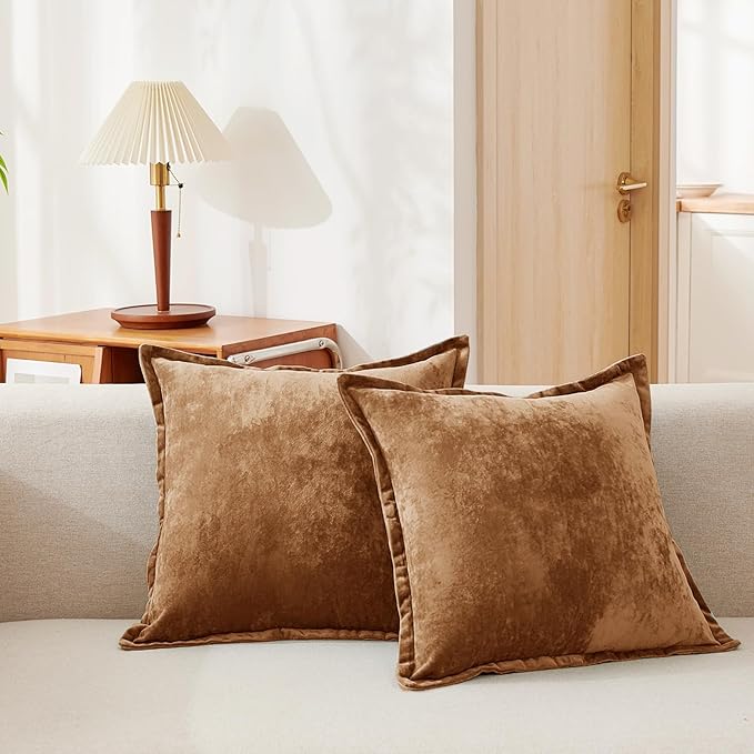Luxurious Velvet Throw Pillow Covers 20x20 Set of 2 Decorative Pillow Covers Solid Square Cushion Case for Sofa Couch Bedroom Farmhouse, Caramel