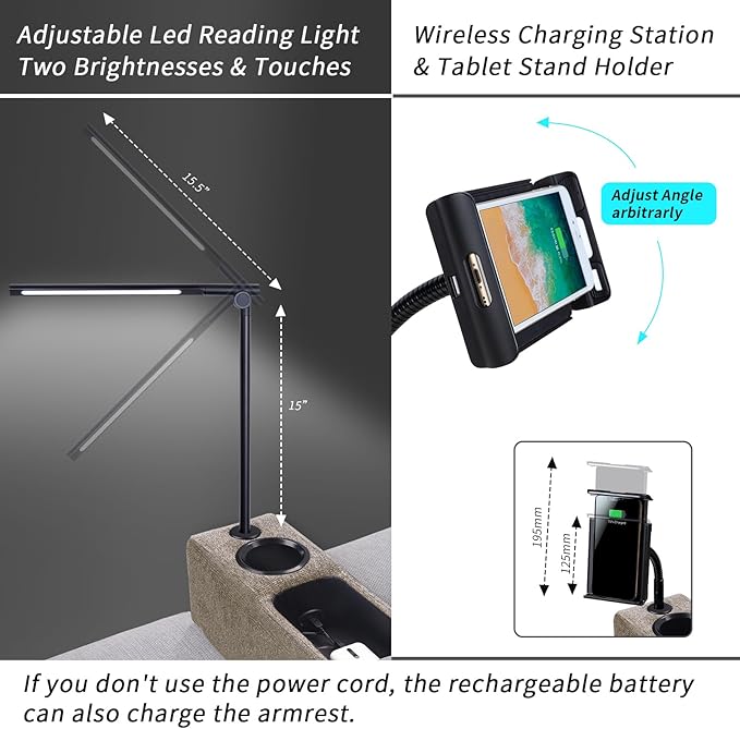 Multifunctional Sofa Armrest, Couch Armrest with Cup Holder, Removable Sofa Caddy with Storage,Equipped with LED Reading Light&Wireless Charge Stand, Brown