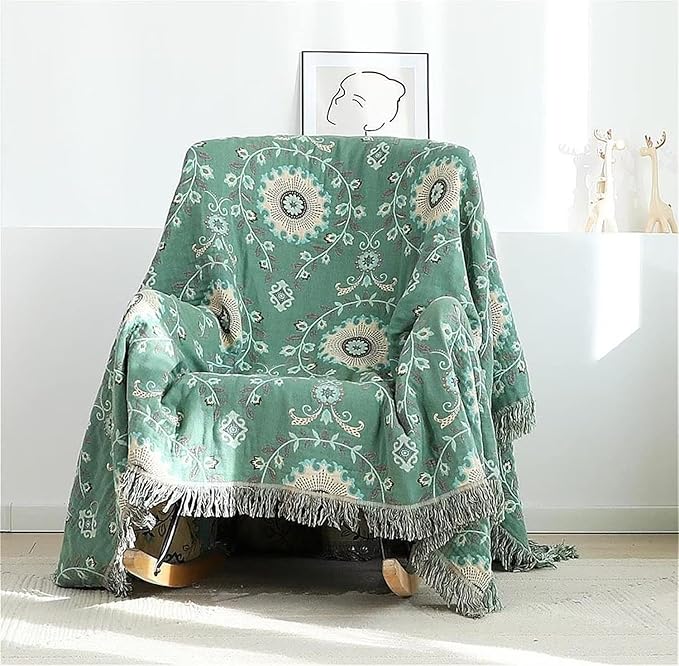Boho Throw Blanket for Chair Couch Bed 90''x 98'', 100% Cotton Quilt Floral Mexican Blanket Muslin Gauze Blankets Super Soft Lightweight Versatile KnitWoven Bed Blanket for Home Decor