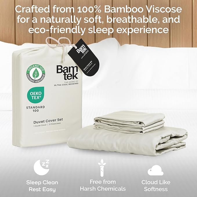 Duvet Cover Set - 100% Viscose Derived from Bamboo Duvet Cover King Size, 3 PC Luxury Cooling Duvet Cover for Hot Sleepers, Silky Buttery Soft Comforter Cover & 2 PC King Pillowcases, Ivory