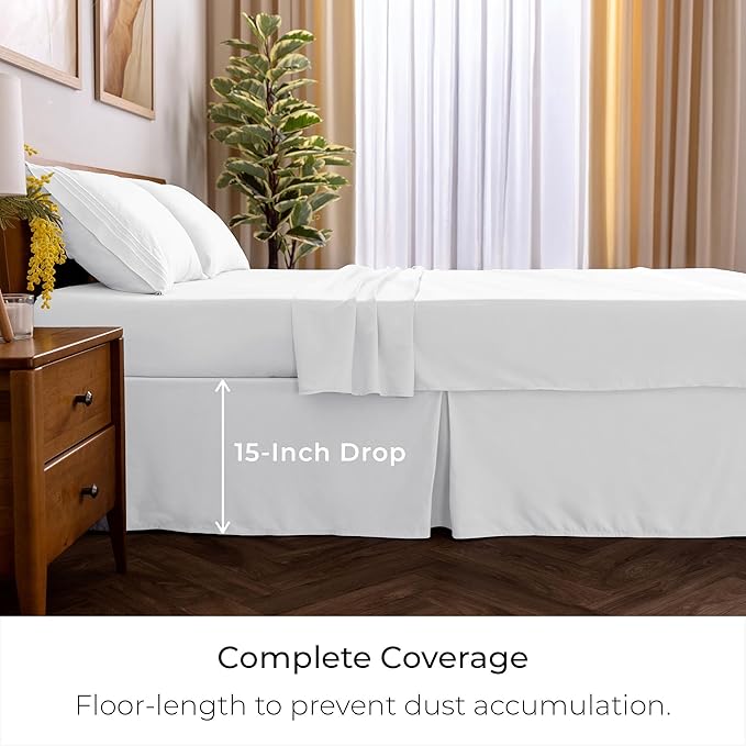 Mellanni Bed Skirt Queen Size - Bed Skirting - 15-Inch Tailored Drop Pleated Dust Ruffle - Hotel Luxury Bedding - Wrinkle, Fade, Stain Resistant - 1 Bedskirt (Queen, White)